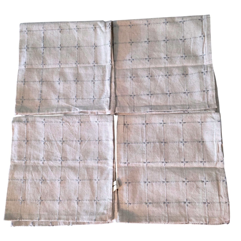 Domain Cotton Flax Napkins Set of 4 Tan Silver Metallic Grid Flax Cotton Blend